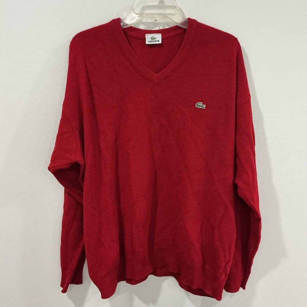 Lacoste Mens V-Neck Jumper Sweater Size 8 3XL Red Wool Blend